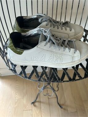 P448 White Sneakers with Olive Green Heel Accent